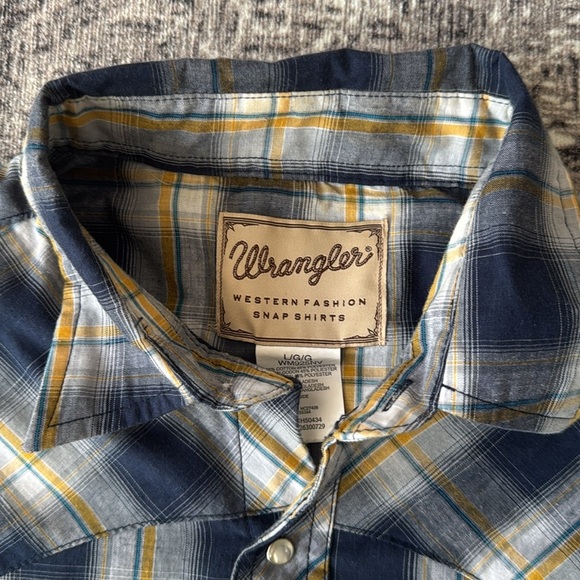 Wrangler Western Men's Yellow and Blue Plaid Pearl Snap Long Sleeve - Picture 2 of 7